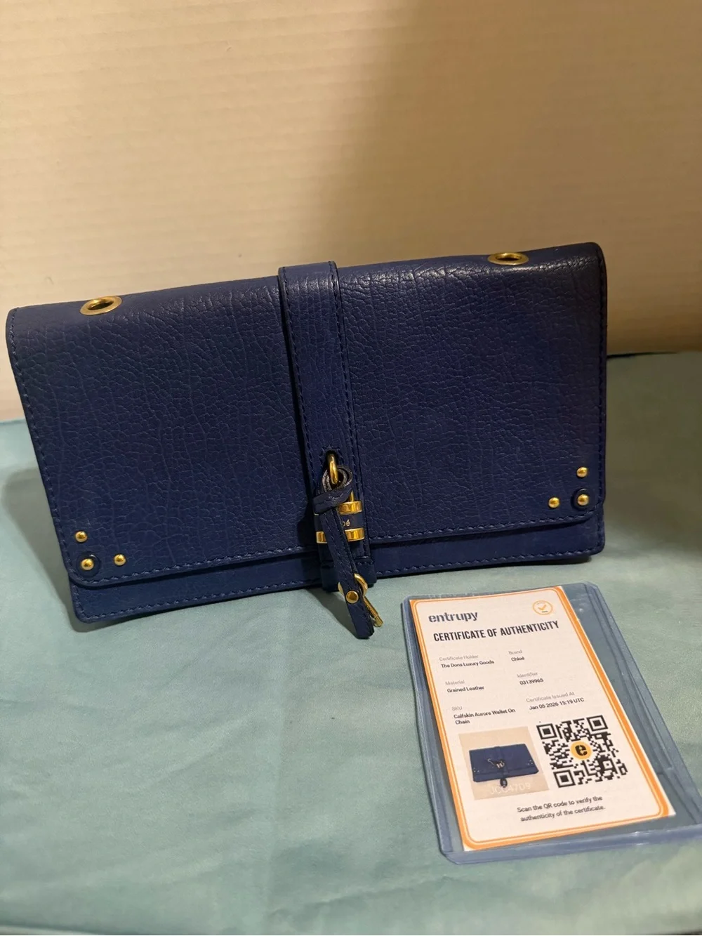 Chole Aurore  wallet Blue Calfskin Leather Crossbody Wallet with Gold Hardware
